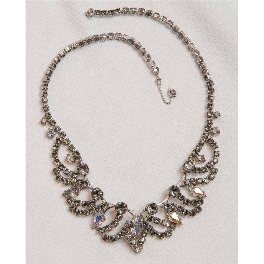 Vintage Rhinestone Bib Necklace Silver Tone Aurora Borealis Statement 16 Inch